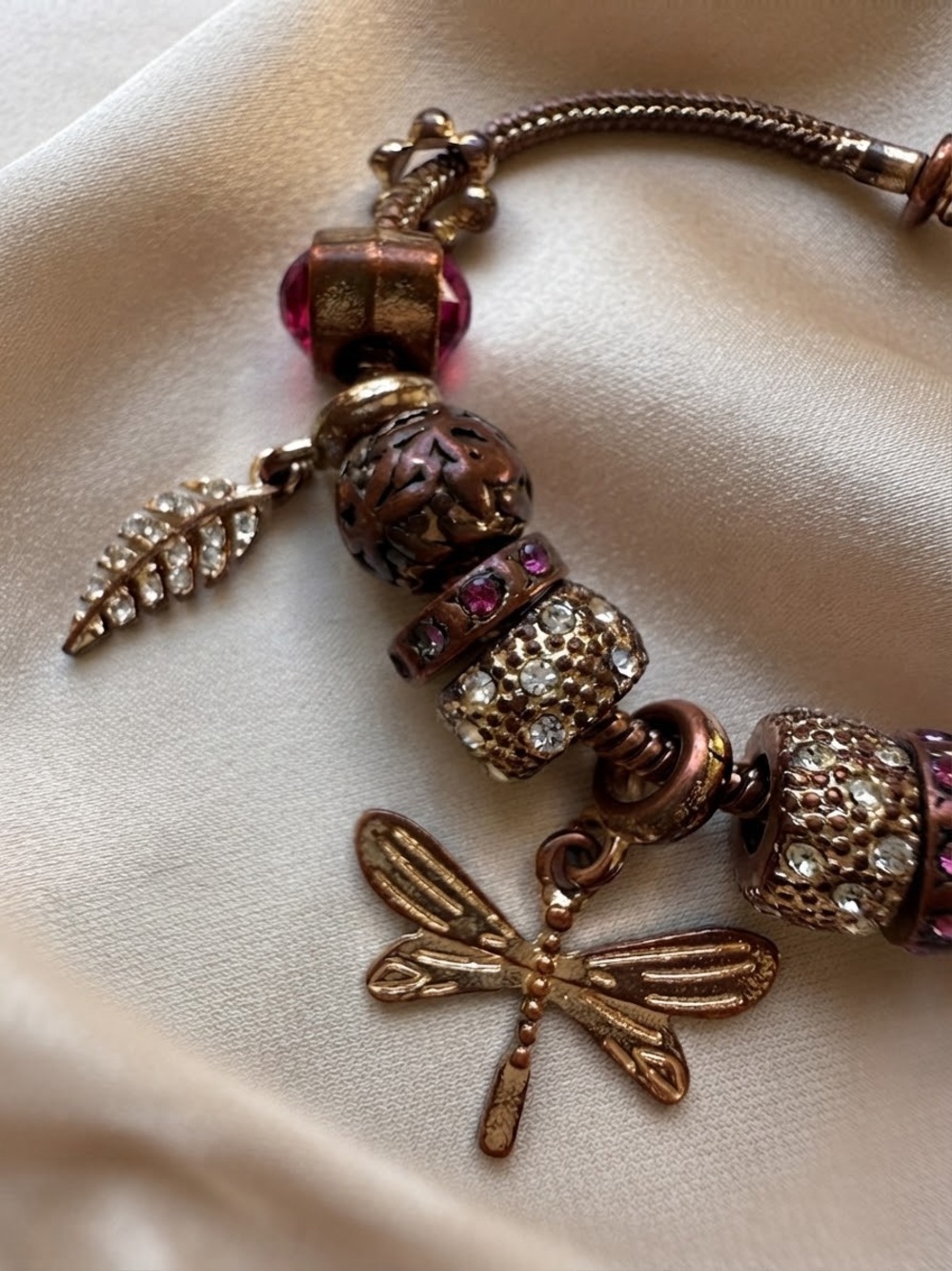 Vintage Bronze Charm Bracelet with Hot Pink Rhinestones & Charms - Picture 3 of 4